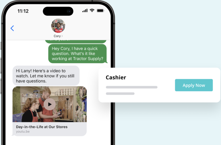 Paradox AI chatbot sharing a recruitment video via text and prompting job application for cashier role.